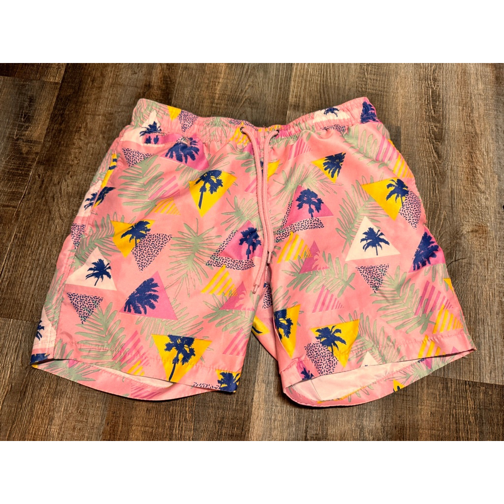 Men's Free Planet Swim Trunks S Retro Pink Blue Palm Tree Print